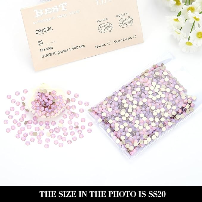 Novani Pink Opal Rhinestones 1440pcs Flat Back Round Rhinestone Style 2088 Sparkly Crystal Gemstones for Nail Art and Crafting SS20,4.6-4.8mm