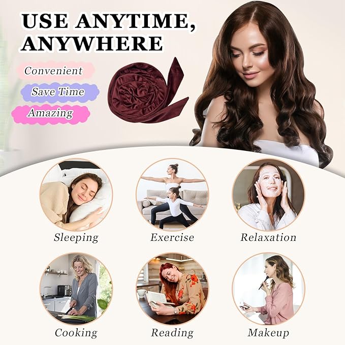 Gwabee No Heat Overnight Hair Curlers - 70" Soft Ribbon Curl Wrap with 9 Curling Rods, Headband for Long Hair Rollers - Burgundy