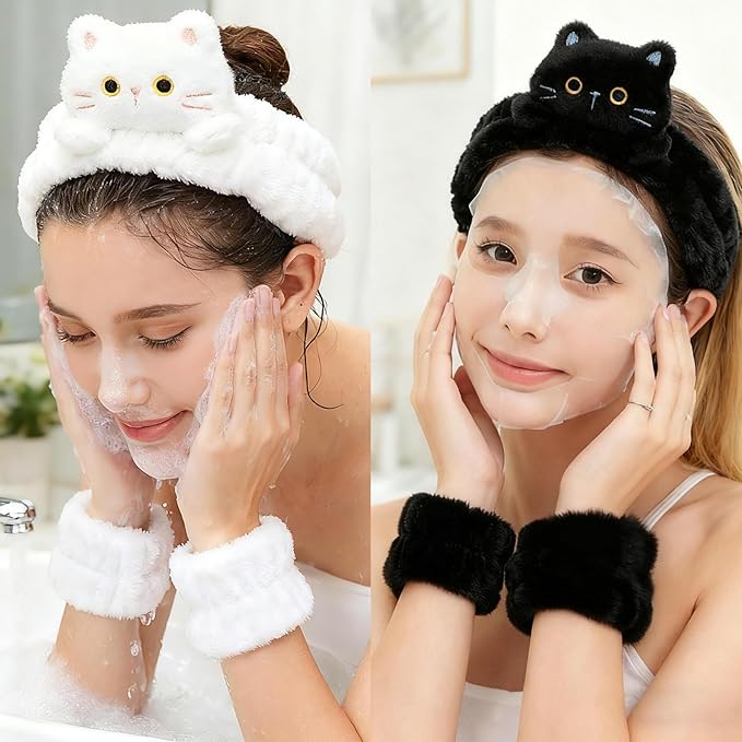 Gniwhd 9PCS Cute Cat Ears Spa Headband for Washing Face Makeup Skincare Headband with Wrist Bands, Sleepover Party Supplies for Women/Teen Girl Trendy Stuff Present (9PCS 3D cat)