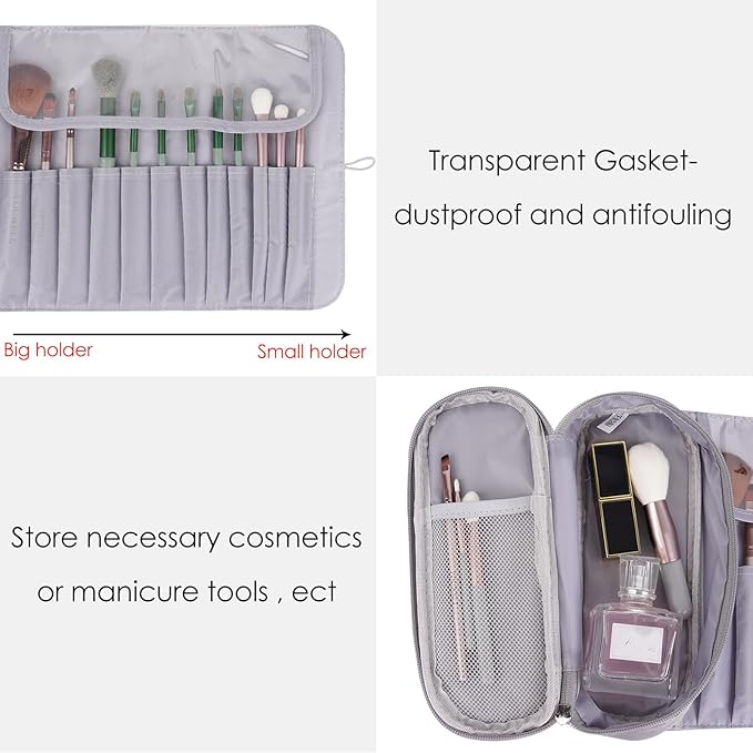 LUEXBOX Portable Folding Makeup Brush Bag, Multifunctional Cosmetics Rolling Storage Case Makeup Brush Holder for Travel, Makeup Brush Organizer Bag (Grey)