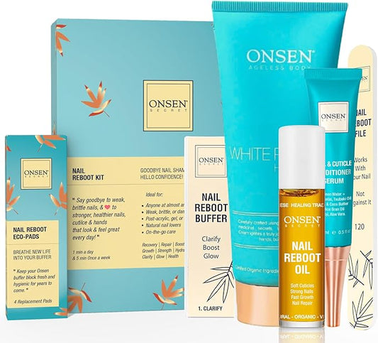 Onsen Secret Ultimate Nail Reboot Kit - Includes Cuticle Oil & Anti Aging Hand Lotion, Professional Nail File and Buffer, 3-Way Block w/Replacement Pads, Nail Strengthening Cuticle Cream