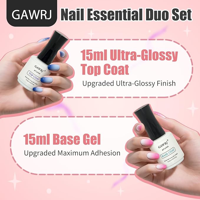 GAWRJ 2 Pcs 15mL No Wipe Gel Top Coat and Base Coat Set - Shine Finish and Long Lasting Soak Off LED Nail Lamp Gel Base Top Coat Finish Nail Art Design Manicure Gifts for Women