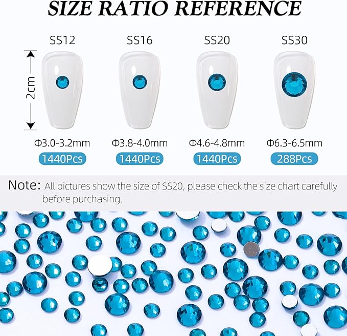 Meibite Malachite Blue Flatback Rhinestones, Glass Rhinestones for Nail Art and Craft, Glue Fix, Loose Crystal Gemstones(Malachite Blue, SS12, 1440pcs, 2.9-3.0mm)