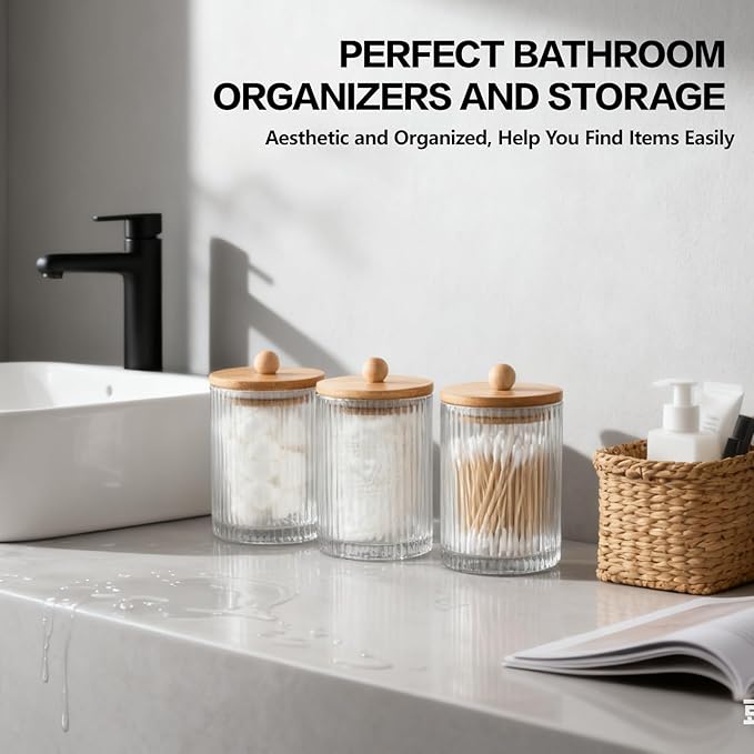 NEECZS 3 Pack Qtip Holder Bathroom Set,Cotton Pad Ball Swab Holder Cotton Round Floss Pick Dispenser with Tray,Glass Apothecary Jars with Lids,Bathroom Organizers and Storage Canisters