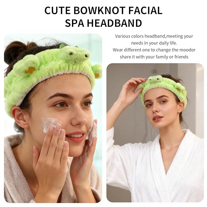 PERFECTSIGHT Kawaii Headband for Spa, Makeup, Washing Face, Party - Cute Hair and Wrist Band Set for Shower Beauty Skincare, Soft Facial Headbands for Girls and Women, Green Frog