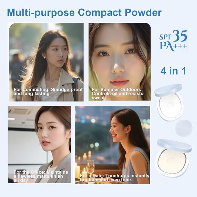 Sunscreen Compact Powder, Setting, Touch-up, Base Makeup, Sun Protection 4-in-1, SPF35 PA+++ with zinc oxide talc free Oil Control, Matte Finish, Longlasting Makeup Anti-dullness (White, Normal)
