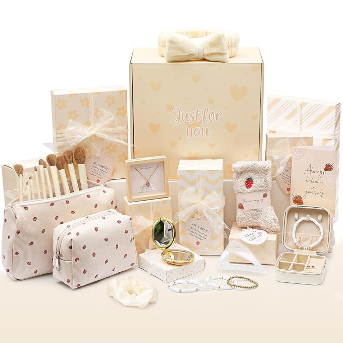 Christmas Gifts for Tween & Teen Girls, 11PCS Birthday Gifts Basket Teen Girls Trendy Stuff with Empowering Tasks Make up Brushes & Bag, Beauty Advent Calendar Wrapped Gifts Box