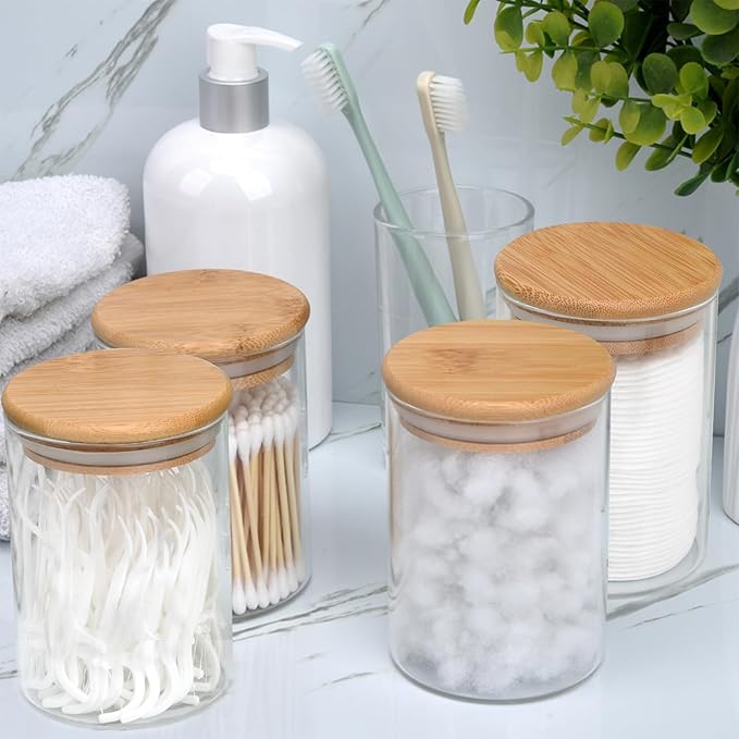 BKYFPQ 4 Pack Glass Qtip Holder Dispenser Set - Apothecary Jars with Lids for Vanity Makeup Organizer - Bathroom Canister Storage Organizer for Cotton Ball, Swab, Round Pads,Floss