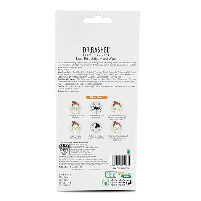 DR.RASHEL Vitamin C Nose Pore Strips For Pore Cleansing, Instant And Painless Blackheads Removal | Deep Purifying Blackhead Remover Strips for Nose | 20 PCS (10 Strips & 10 Wipes)