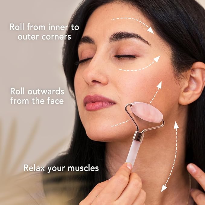 huefull Face Massager Rose Quartz Face Roller & Gua Sha Facial Tool Set, Muscle Tension Relief, Skin Care Gifts for Woman/Men, Skin Care Gifts