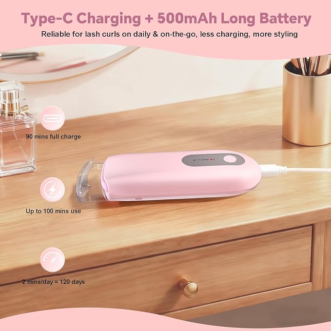 Visible Heated Eyelash Curler, Rechargeable Electric Eyelash Curlers 10S Fast Heat, Safe Anti-Burn Mini Heat Eye Lash Curler 24Hrs Long Lasting Natural C Curl Lashes (Pink)