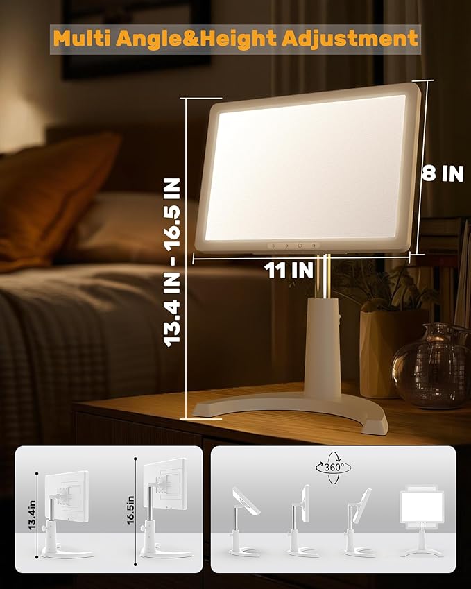 Light Therapy Lamp, 12000 Lux Full Spectrum 3 in 1 Therapy Lamps LED Sunlight, Adjustable 10 Brightness 5 Color Modes, Timer, Height, Angle& Detachable Stand, White