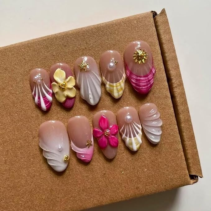 MAGLFELL Press On Nails Medium Almond Nails, Handmade 3D Design Fake Nails with Thick Acrylic Multi-Layer Gel Nails, Reusable Durable DIY Artificial Nails for Women (10 Pieces)