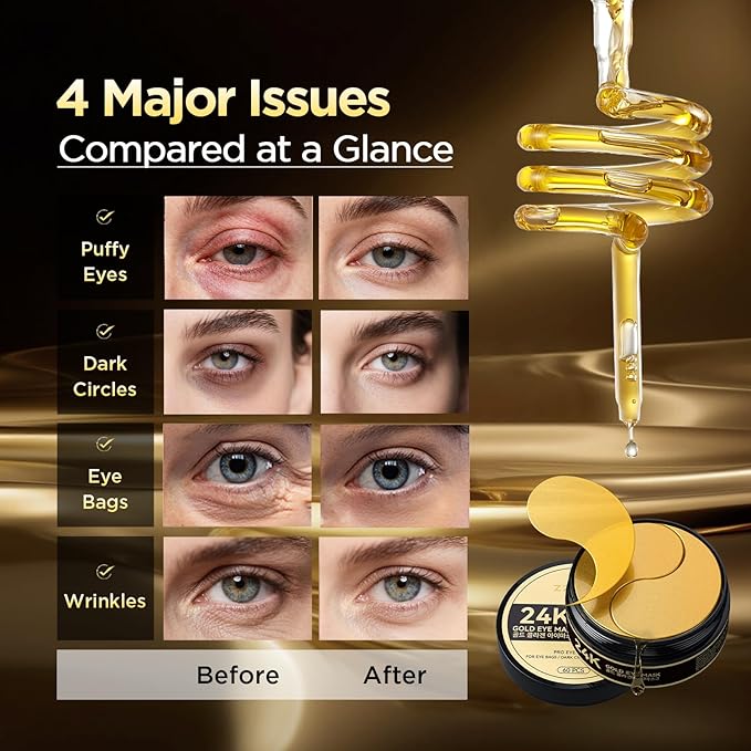 ZZILME 24k Gold Eye Patches - Firming, Glowing & Hydrating Hydrogel Mask for Puffy Eyes, Dark Circles, Wrinkles, Eye Bags Treatment, Fine Lines, Korean Skincare Gifts for Men and Women, 60Pcs