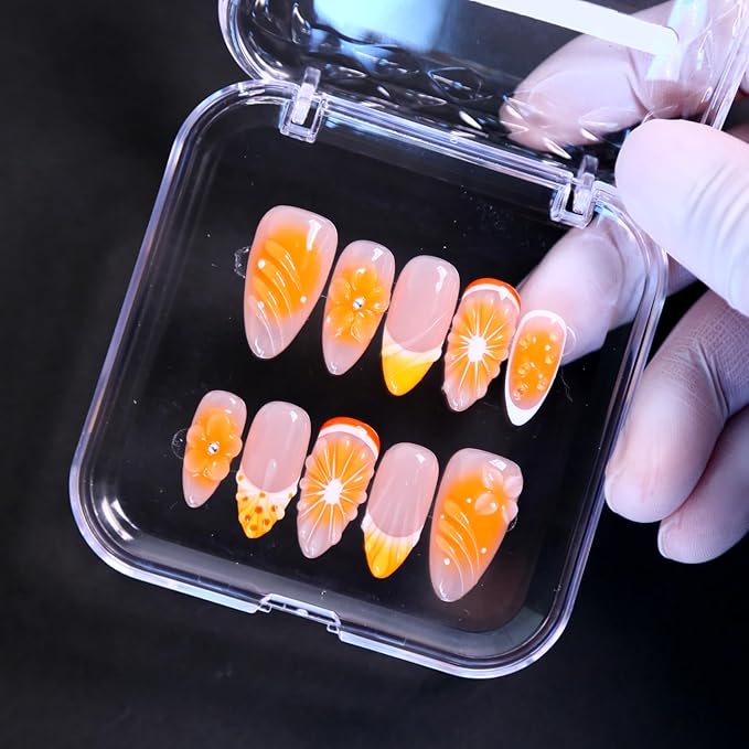 MAGLFELL Press on Nails Medium Length Almond Fake Nails, 3D Shell Nails Design,10 Pcs Reusable ABS Material Finger Painting Nail Tip Salon Artificial Nails for Women (Size S)