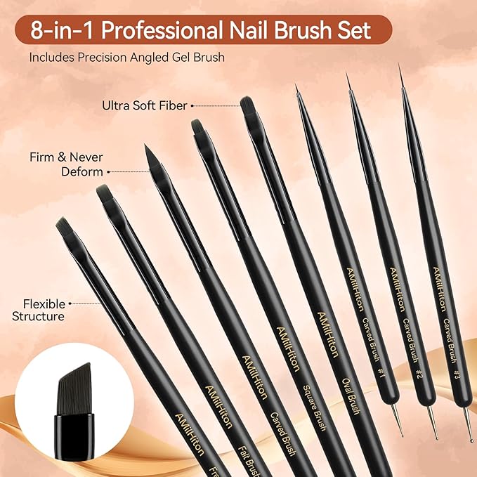 AMilHiTon 8PCS Nail Art Brush Set for Gel & Acrylic – French Tip, Flat, Oval & Carved Liner Brushes with Dotting Tools, Professional Builder Poly Gel Nail Design Kit