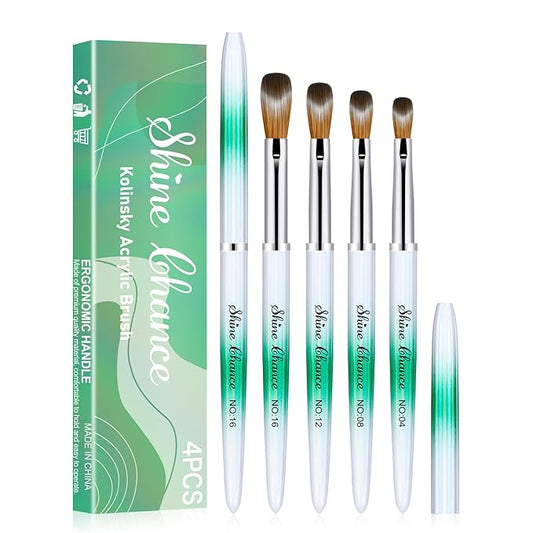 Shine Chance 4Pcs Acrylic Nail Brushes Set, Kolinsky Nail Art Brushes, Art Design & Polish Mistake Cleaning Manicure Tools for Women - Size 4, 8, 12, 16