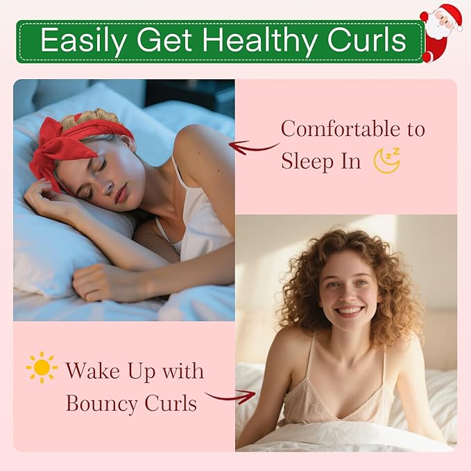 Gwabee 10 PCS Christmas Heatless Curls Overnight Hair Curler, 70" Overnight Curls Hair Curlers to Sleep In with Bonnet for Women Long Hair Volume, Heatless Curling DIY Set - Red