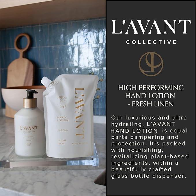 L'AVANT Collective Luxury Hand Lotion Refill - Fresh Linen High Performing Moisturizing Hand Cream for Dry, Cracked Hands Fragrance - Shea Butter Heal & Restore Softens Skin Fresh Linen 20 Oz
