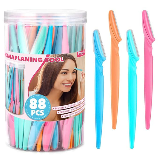 Phyyixs 88 Pack Eyebrow Razors & Face Razors for Women – 4-Color Dermaplane Razors for Women & Men in Storage Jar, Safe Facial Shaver with Covers, Ideal Stocking Stuffer