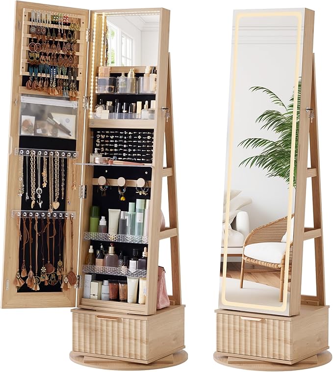 Fluted 360° Swivel Jewelry Armoire Cabinet Standing with Full Length Mirror, Lockable Jewelry Organizers and Drawer Storage with 3 Color LED Lights & Interior Mirror Rear Storage Shelves