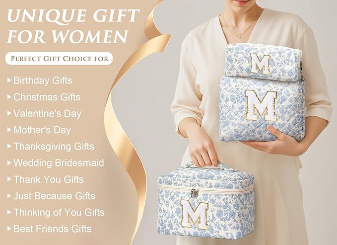 Birthday Gifts for Teen Girl Women, Personalized Initial Makeup Bag Quilted Cosmetic Bag Make Up Bags Travel Toiletry Bags Teen Girl Gifts Trendy Stuff Valentines Day Gift for Wife Mom Daughter Friend