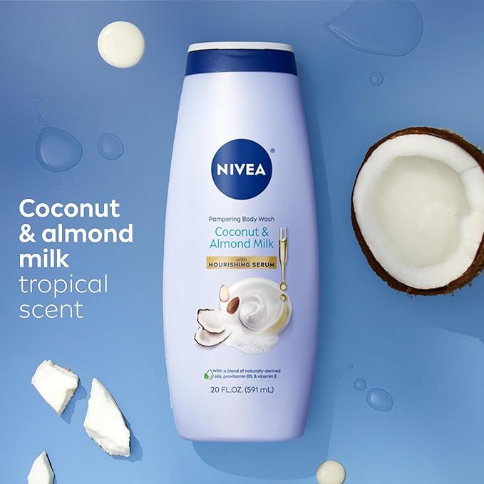 NIVEA Pampering Coconut and Almond Milk Body Wash with Nourishing Serum, Moisturizing Body Wash for Women, Enriched with Provitamin B5 and Vitamin E, 20 Fl Oz Bottle (Pack of 2)