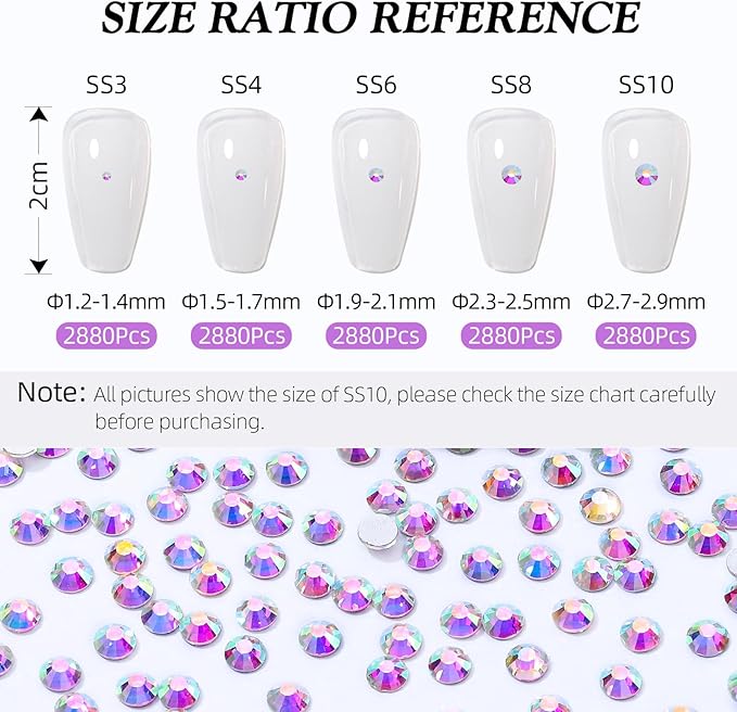 Meibite Crystal AB Flatback Rhinestones, Glass Rhinestones for Nail Art and Craft, Glue Fix, Loose Crystal Gemstones(Crystal AB, SS6, 2880pcs, 1.9-2.0mm)