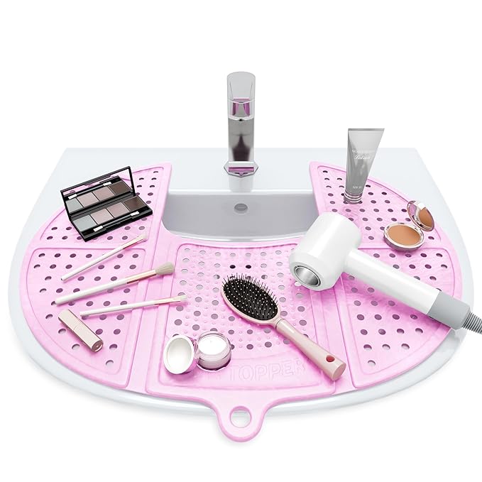 Sink Topper Bathroom Sink Cover for Counter Space & Storage Saver | RV Must Haves | Silicone Foldable Beauty Makeup Brush Cleaning Mat | Hot Tools Organizer | RV Sink Cover | Standard, Pink