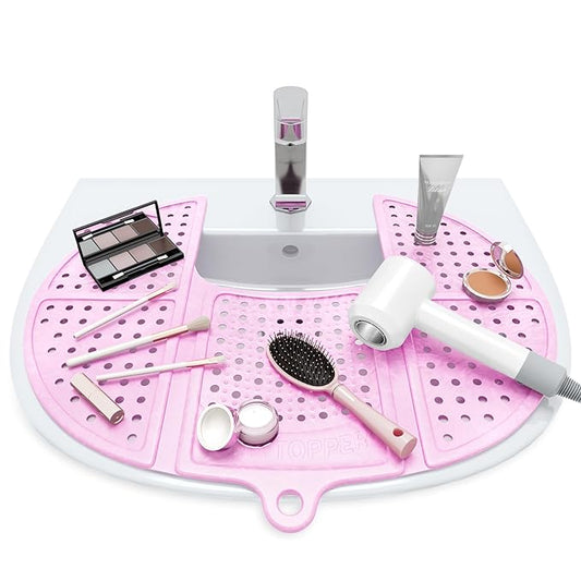 Sink Topper Bathroom Sink Cover for Counter Space & Storage Saver | RV Must Haves | Silicone Foldable Beauty Makeup Brush Cleaning Mat | Hot Tools Organizer | RV Sink Cover | Standard, Pink
