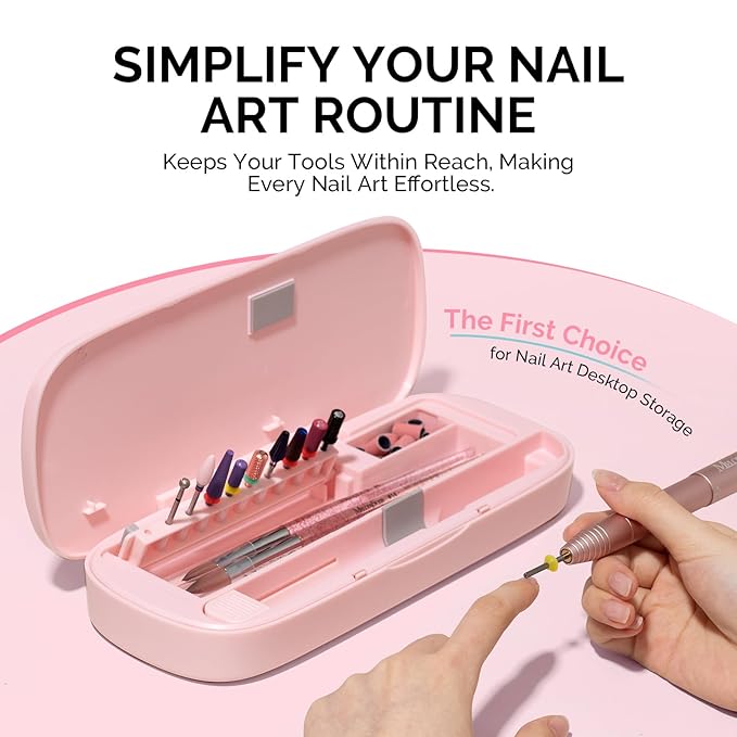 MelodySusie Acrylic Nail Tool Storage Box, Portable Dustproof Stand Displayer Holder Organizer Container Manicure Efile Accessories Nail Drill Kit Case, Travel Salon Home, Pink(Only Box)