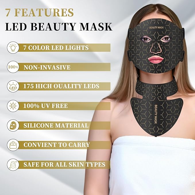 Red Light Therapy for Face & Neck, Red Light Mask with 850nm NIR, 7-1 Colors LED Light Therapy mask, Rechargeable LED Face & Neck Mask for Anti-Aging, Skin Firming & Radiant Glow at Home