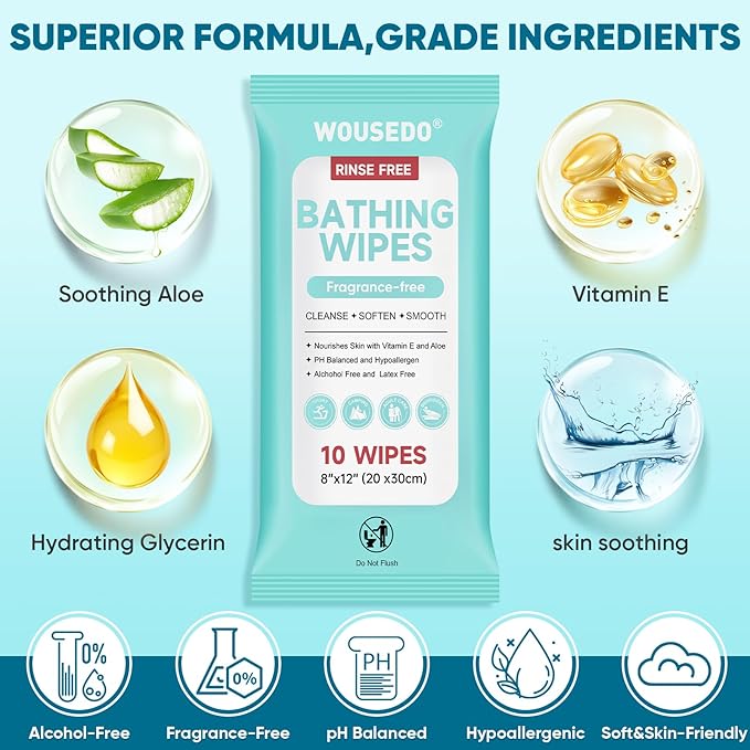300 XL Bathing Wipes No Rinse for Adults, Shower Wipe - Extra Thick & Large Body Cleansing Wipe for Elderly, Men & Women, Soft & Gentle Disposable Bath Wipes for Travel, Camping