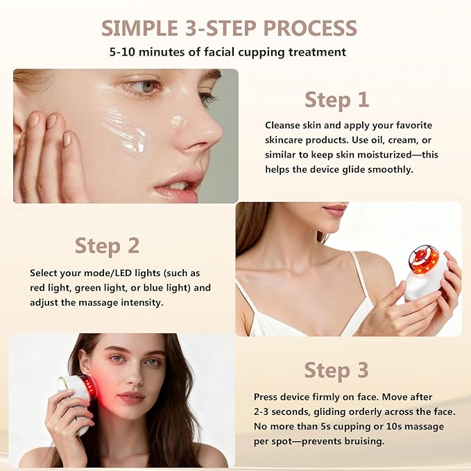 Electric Facial Cupping Therapy Sets, 3 in 1 Gua Sha Face Cupping Massage, Lymphatic Drainage Massager for Face, 7 Color Firming, Smoothing Facial Tools (White)