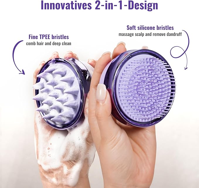 SHINLEA 2 in 1 Scalp Massager Hair Growth,Scalp Scrubber with Soft Silicone Bristles for Dandruff Removal,Shampoo Brush for Exfoliation,Head Massager for Both Wet and Dry Use (Purple) ﻿