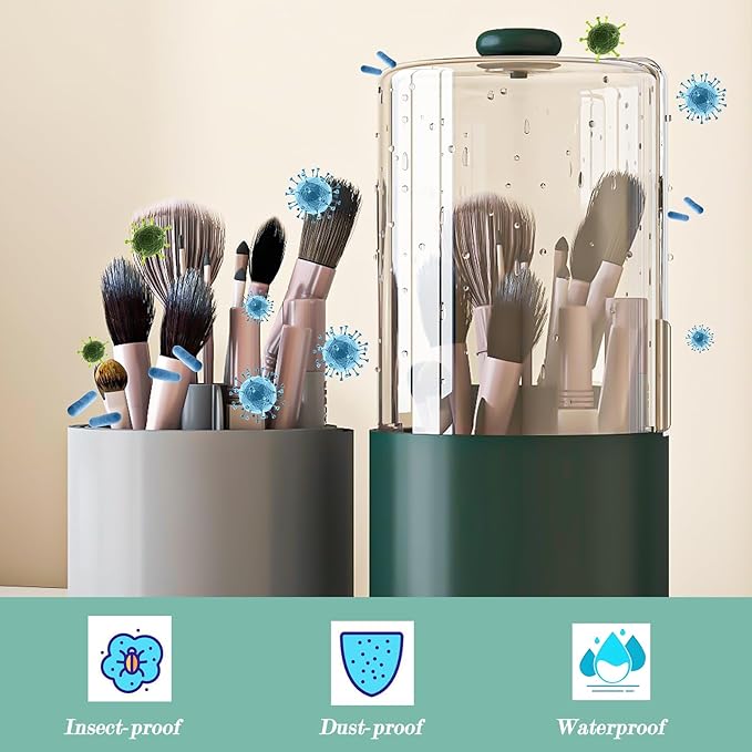 Zufudo Makeup Brush Holder with Dustproof Cover, Clear 360 Rotating Make Up Brushes Organizer for Counter Vanity Bathroom, Olive Green