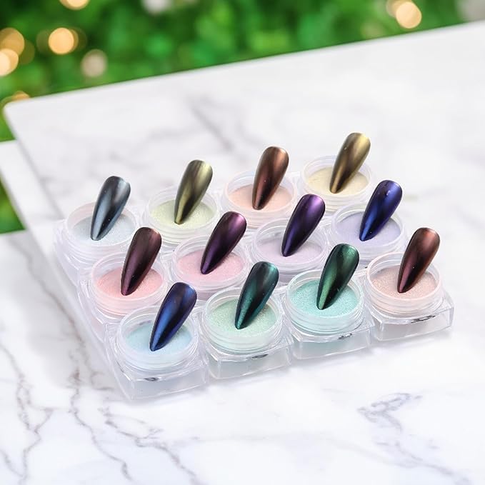SUTOKAKA Mermaid Pearl Chrome Nail Powder 12 Colors Metallic Mirror Effect Iridescent Aurora Nail Glitter Pigment Rub-on Dust for Gel Nails Decoration Manicure Design