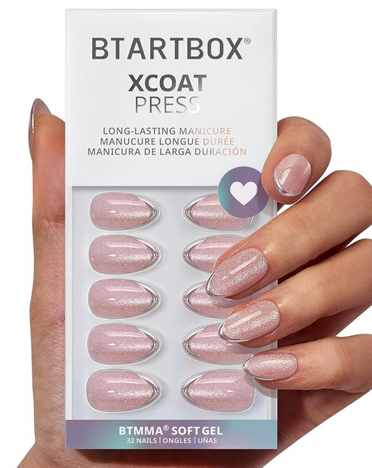BTArtbox Press On Nails Almond - Blush Icicle, Lamp-Curable Cat Eye 3D Silver French Tip Short Press On Nails with Glue and Adhesive Tabs for Women in 16 Sizes - 32 Soft Gel Glue On Nails Kit
