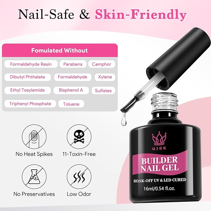 QIEK Builder Nail Gel, 7-in-One Builder for Nails Crystal Clear Strengthener Glue Apex Enhancement Extension Hard Building Gel LED Lamp Cured Rubber Base Coat for DIY Beginners& Salon Manicure 0.54 OZ