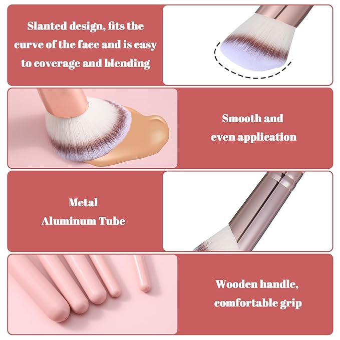5PCS Angled Pink Makeup Brushes Set, Foundation, Concealer, Contour, Eyeshadow Brushe, Concealer, Foundation, Powder, Eyeshadow, Contour