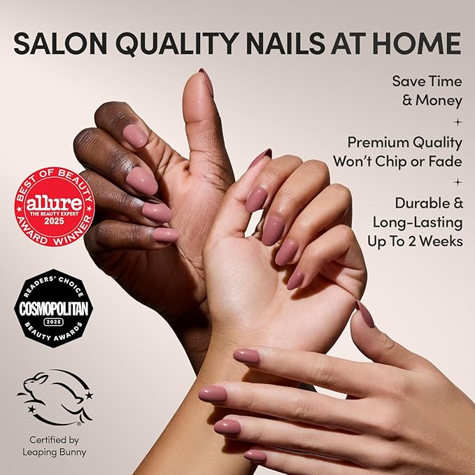 Glamnetic Press On Nails - Fall Mauve | Opaque Muted Blush Mauve Short Oval Fake Nails, Salon Quality | 15 Sizes - 30 Nail Kit