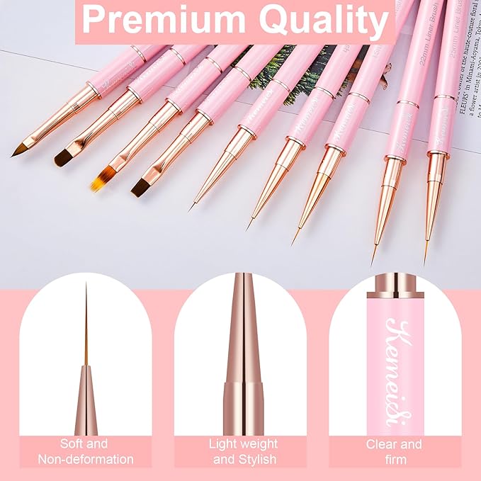KEMEISI Nail Art Brush Set, 9PCS Double-Ended Acrylic Liner Brush Dotting Pen for Gel Polish, Nail Design Tools for Professional Manicure DIY Home Salon