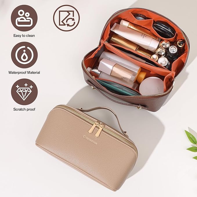 Makeup Bag, Travel Toiletry Bag for Women, Large Capacity Waterproof Crocodile Pattern PU Leather Cosmetic Bags Make Up Organizer Bags with Headband and Wristband Set (Brown)