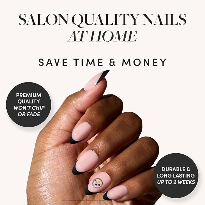Glamnetic x Fanatics Press On Nails - Pittsburgh Steelers | Short Almond Fake Nails, NFL Steelers Black French Tips, Football Nails, Salon-Quality | 15 Sizes - 30 Nail Kit with Glue