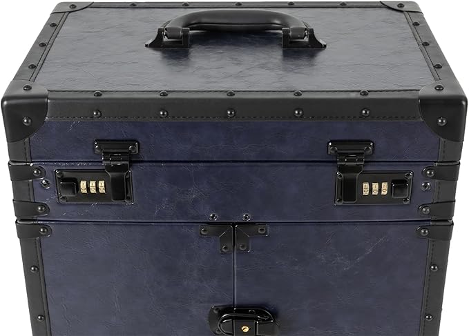 Rolling Makeup Case, Professional Makeup Train Case Hair Salon Luggage Hairdressing Trolley Travel Organizer Lockable Box with 3 Drawers Professional Makeup Case with Wheels(Balck Blue)