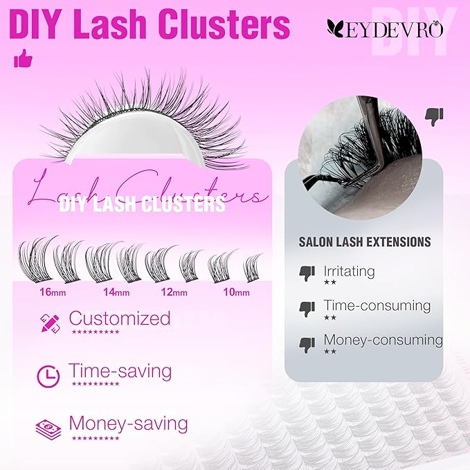 EYDEVRO Natural Lash Clusters Wispy Eyelash Clusters 10-16mm Cluster Eyelash Extensions Individual Lashes DIY Lash Extensions at Home Soft Reusable Cluster Lashes