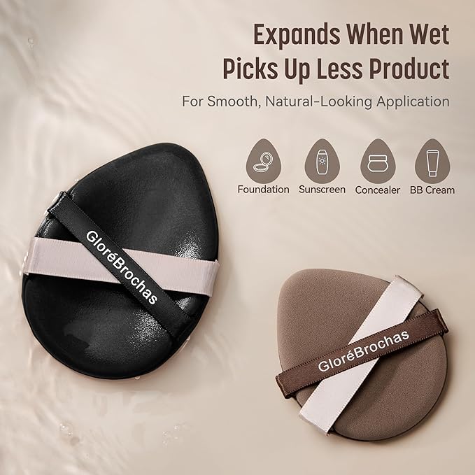 Makeup Sponge Set, GloréBrochas 2PCS Micro Porous Low Absorption Foundation Sponges, Latex-Free PU Cushion Puff, 3.2inches Soft Dual-Sided Powder Puff for Face Powder, Black&Brown