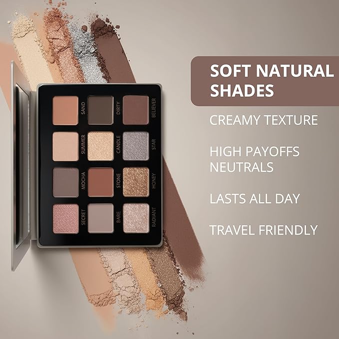 Lamora Attraction Eyeshadow Palette - 12 Soft Brown Shadows, Multi-Use Eye Makeup Palette with Matte & Shimmer Finishes, Ultra-Blendable Everyday Neutrals, Long-lasting Wear, Travel Makeup with Mirror
