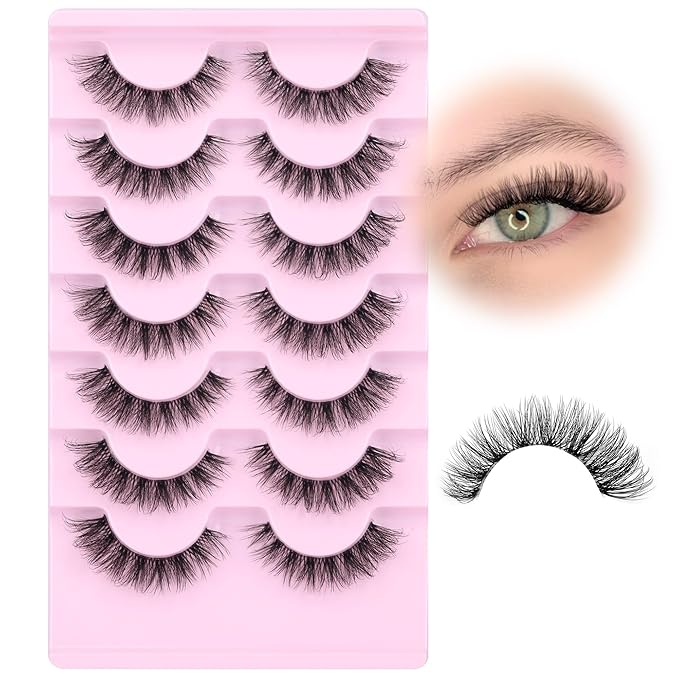 Clear Band False Eyelashes Wispy Lashes Mink Cat Eye Lashes Natural Look Eyelashes Pack Soft Light CD Curvature, 7 Pairs