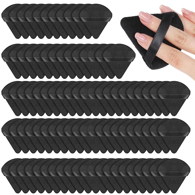 LIQWEI 150Pcs Powder Puff Face Soft Makeup Sponge, Triangle Makeup Puff Velour Puffs for Loose Powder Mineral Body Powder-Cosmetic Foundation Wet Dry Sponge Makeup-Tools (Black)